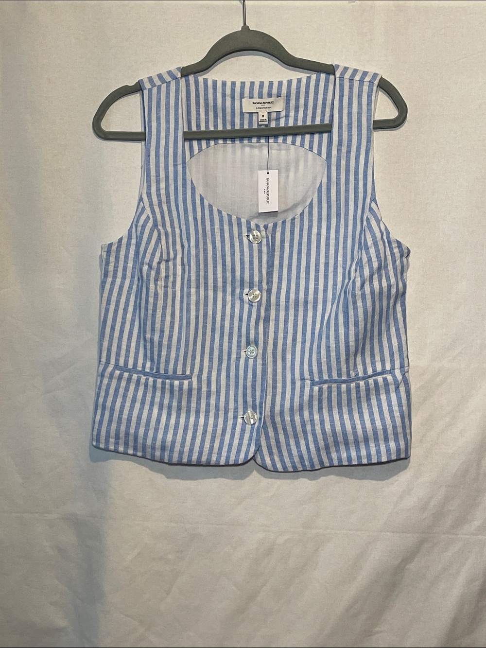 Banana Republic Blue & White Striped Linen Sleeveless Button Vest